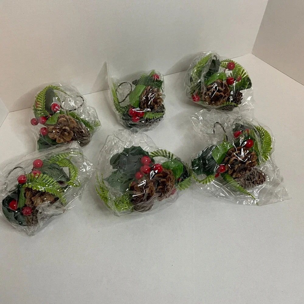 Holiday Napkin Rings Pinecone Farmhouse Table Decor Greenery Berry Set 6
